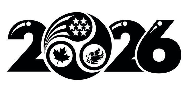 2026 world soccer cup with stylized coats of arms of the host countries. Football ball with emblem of USA, Canada, Mexico. Vector on transparent background