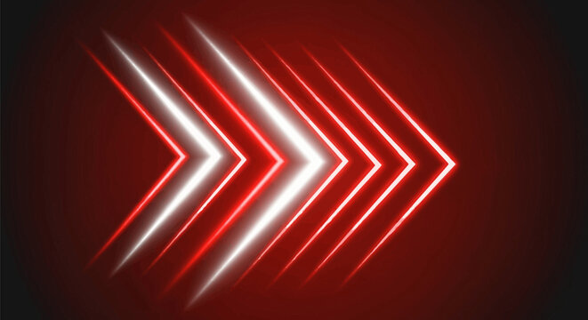 Abstract digital background featuring multiple glowing red and white neon chevron arrows pointing right on a dark gradient backdrop with light trail effects and motion blur.