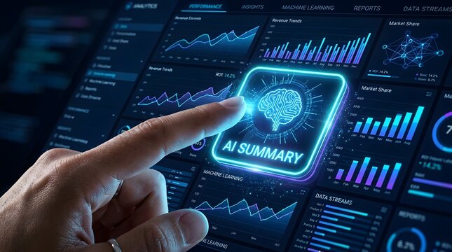Artificial Intelligence Dashboard with AI Summary Interface Data Analytics Machine Learning and Business Technology Concept
