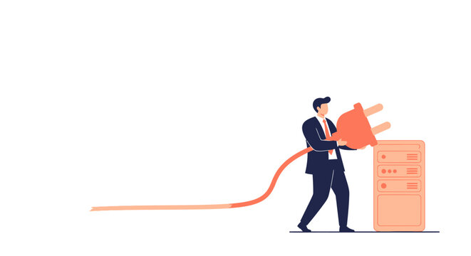 Businessman Plugging Giant Electric Cord Into Server, Technology Power and Connectivity Concept Flat Vector Illustration