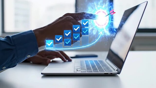 Professional using a digital system on a laptop to track and visualize business performance, monitor progress, and achieve strategic goals. Ideal for data analysis, project management, growth, and...