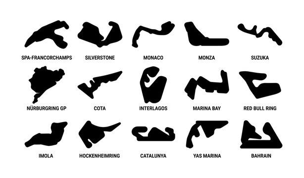 Motor racing circuit outlines with track names arranged