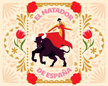 Matador and Bull Cultural Illustration