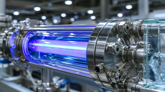 A UV sterilization reactor for drinking water with a glowing blue germicidal lamp visible inside the stainless chamber.