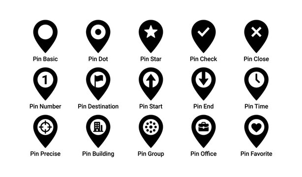 Map pin icons showing location markers with symbols on white backdrop