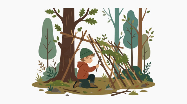 Boy building a fort in the forest with sticks and branches vector style