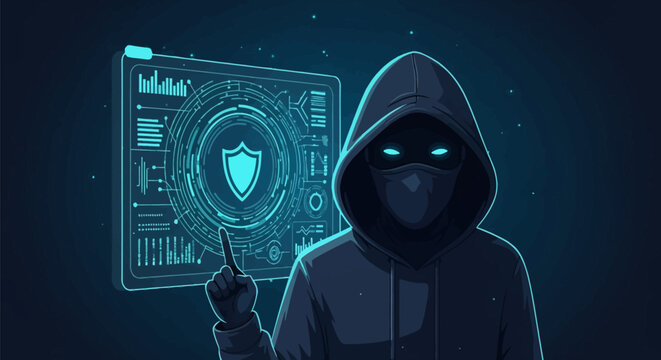 Digital illustration of a hooded hacker with glowing cyan eyes interacting with a transparent holographic interface display featuring a shield security icon and technical data charts.