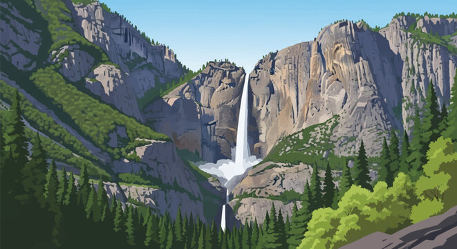 Vector illustration of a majestic waterfall cascading down granite mountain cliffs into a deep valley with coniferous pine trees, rocky terrain, and a clear blue sky landscape.