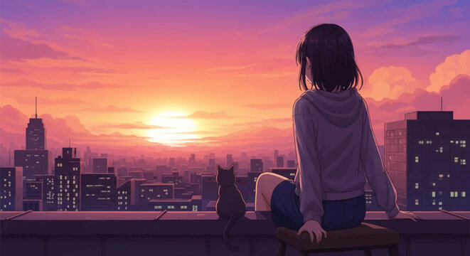 Anime style girl with short dark hair and black cat sitting on a rooftop stool watching a vibrant sunset over a dense city skyline with orange and purple clouds at dusk scenery.