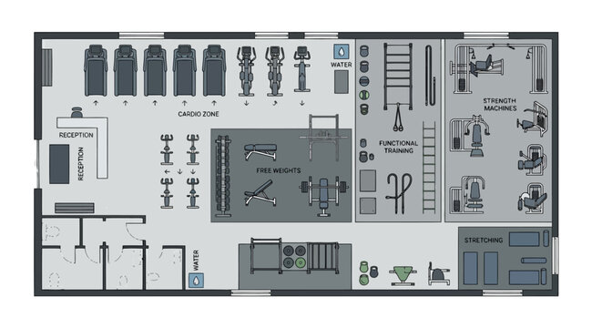 Modern gym floor plan with cardio zone, functional training area, strength machines, and changing rooms