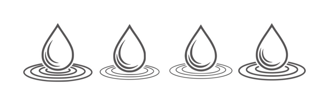 Four stylized dark gray water drops with ripples white liquid fluid
