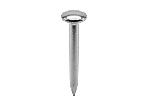 A close-up view of a shiny, silver-colored nail with a flat head and a sharp point.