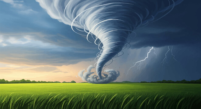 Illustration of a massive tornado funnel cloud touching down in a lush green meadow under a turbulent sky with lightning strikes, dark storm clouds, and sunset light across the horizon.