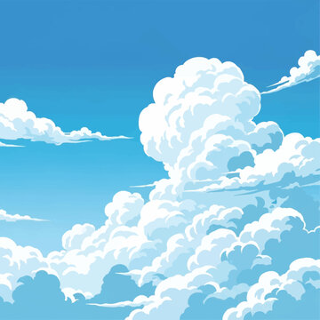 Vector illustration of white fluffy cumulus clouds in a bright blue sky. Stylized cartoon cloudscape with layered cel shading and anime aesthetic for a clear sunny summer day weather.
