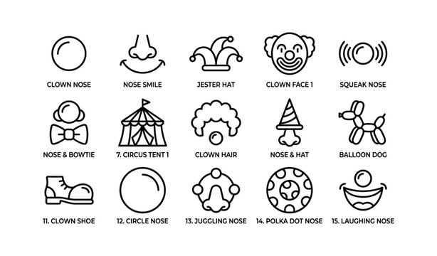 Clown and circus nose icons arranged on white grid layout