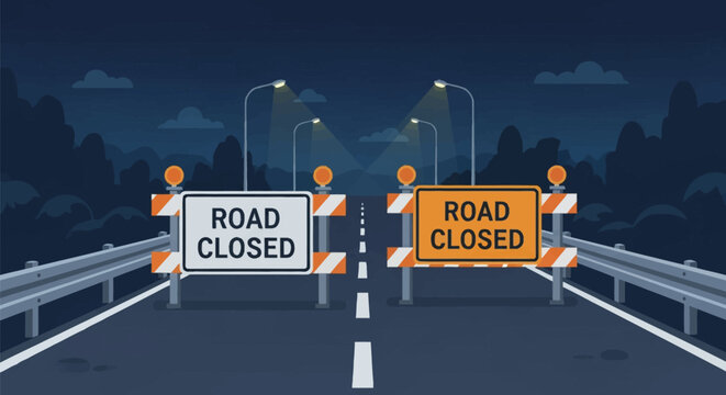 Vector illustration of a highway blocked at night with two road closed signs on striped barricades under street lights, featuring guardrails and a dark forest background.