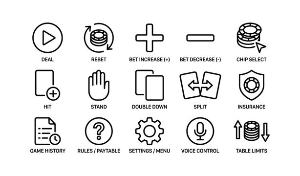 Card game control icons arranged on white background