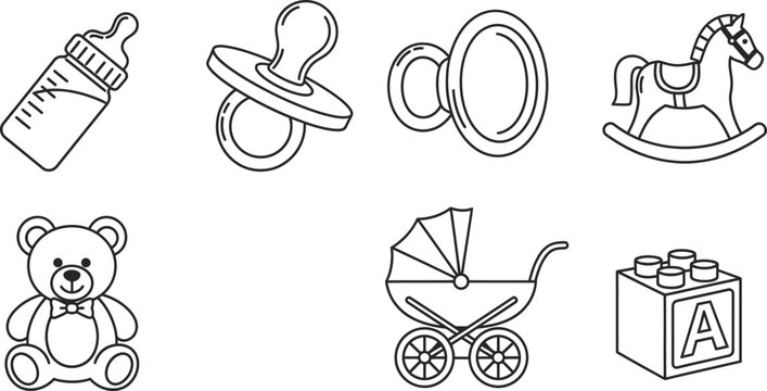 Baby black line of nursery baby bottle pacifier baby ring rocking horse teddy bear