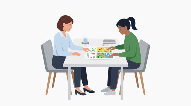 Two women discussing a food chart at a table, one pointing to healthy food options vector style