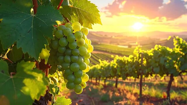 A close-up of green grapes hanging on a vine with a beautiful sunset in the background