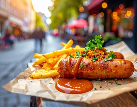 Vegane Currywurst mit w&uuml;rziger So&szlig;e und Pommes auf Streetfood-Papier