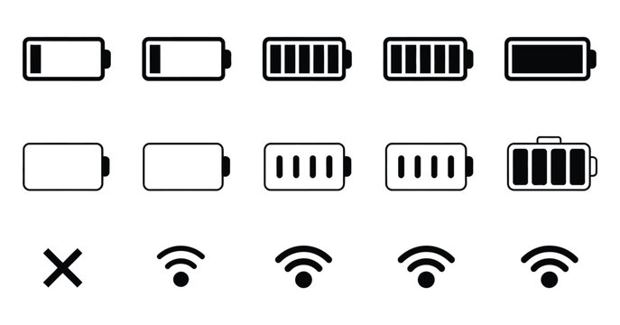 Battery signal and Wi-Fi vector icons for smartphone status bars, wireless connection, and mobile UI design.