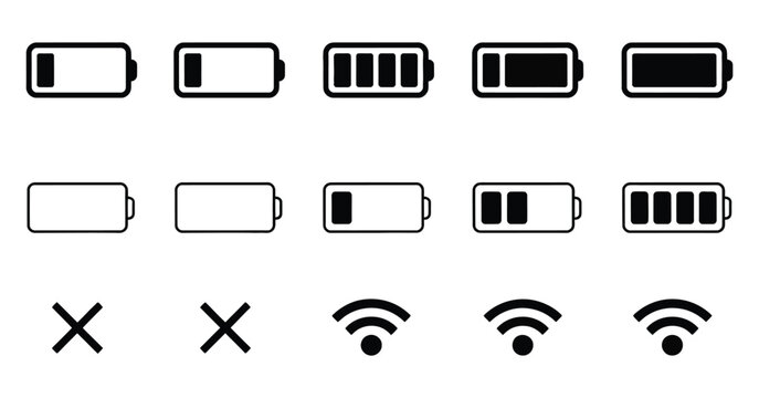 Battery, signal, and Wi-Fi icon set featuring smartphone network indicators and power status bar symbols for mobile interfaces.