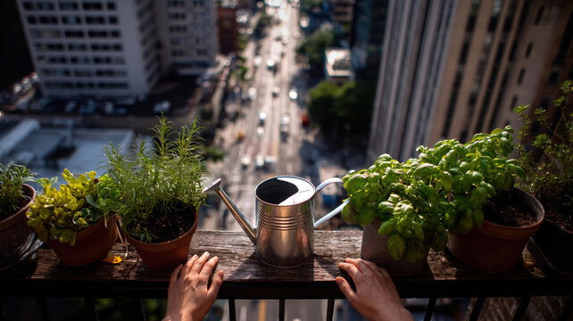 Urban balcony gardening with fresh herbs and watering can overlooking city street in warm