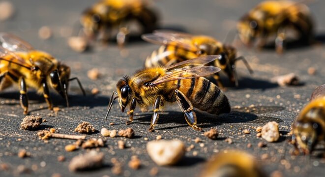 Closeup of Dead Bees on the Ground Environmental Concern.