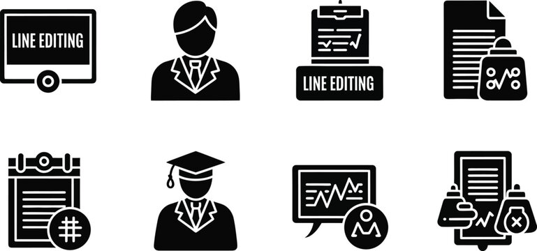 Black and white editing, education, and business including line editing, graduation, and document symbols