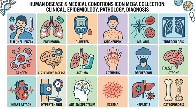 Collection of colorful icons representing various human diseases and medical conditions