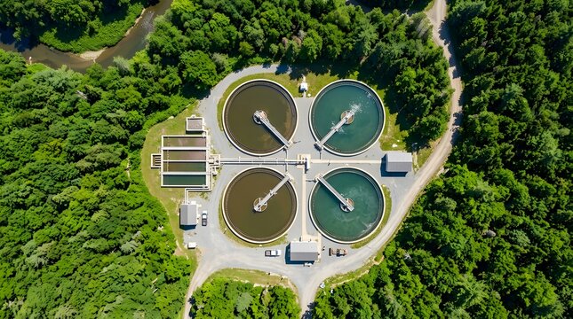 Aerial View of Circular Wastewater Treatment Tanks in Green Forest Sustainable Water Purification Environmental Engineering and Industrial Infrastructure Concept