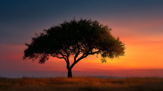Single tree silhouette against soft gradient sunset sky in minimalist composition 