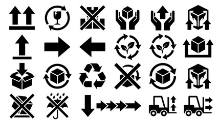 Packaging and Shipping Icon Collection with Recycling, Fragile Handling, Delivery, Forklift, and Cargo Symbols for Logistics Vector Design © SAHEDUL