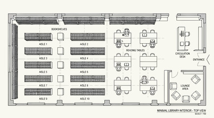 Minimalist library interior floor plan layout © S.Siam