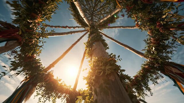 Decorated solstice pole with wreaths and ribbons under a bright sun. Low angle view of a midsummer celebration pole with foliage against a clear blue sky.
