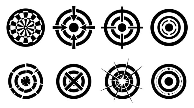 Target and Crosshair Icon Collection with Aim, Bullseye, Scope, and Accuracy Symbols for Gaming, Shooting, and Interface Vector Design