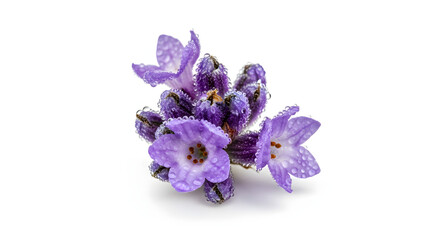 Naklejka premium Close-up macro shot of vibrant purple lavender flower with fresh dew droplets isolated on white studio background.