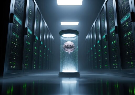 Brain floating in glass tube inside server room.