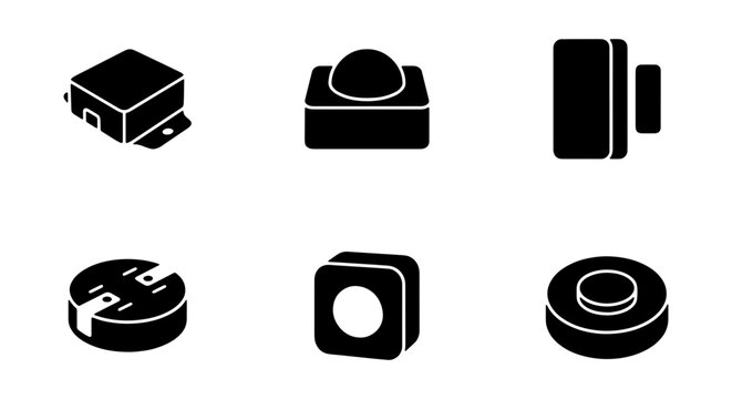 Set of 6 Black Electronic Components Icons, Vector Symbols for Technology and Engineering Applications