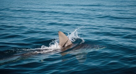 Fototapeta premium Great White Shark Fin Breaks Surface in Blue Ocean Water.