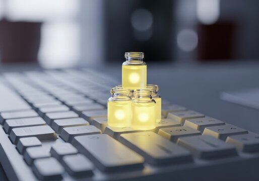 Small vials with yellow liquid on computer keypad.
