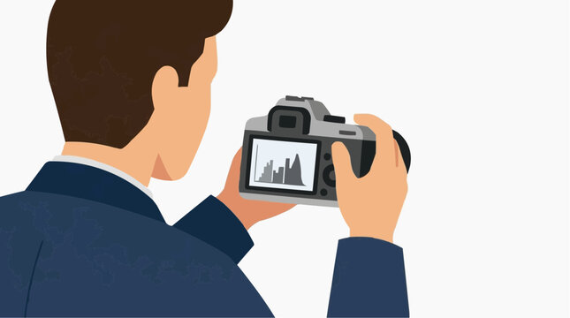 Man in suit holding camera showing histogram on screen photography concept vector style