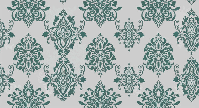 Seamless Victorian inspired damask pattern in teal and cream tones