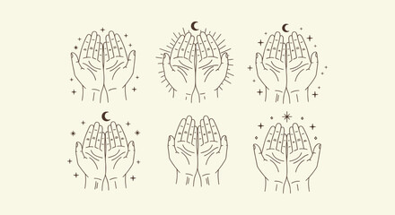 Minimalist celestial hands line art collection with moon and stars for spiritual and magic design © RUMA