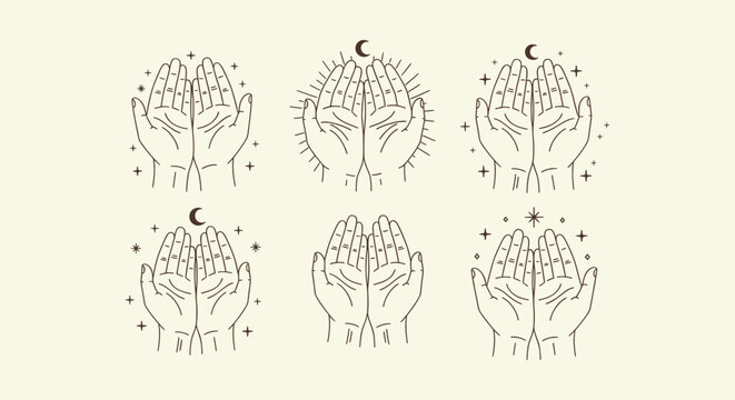 Minimalist celestial hands line art collection with moon and stars for spiritual and magic design