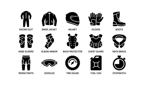 Motorcycle protective gear icons arranged in grid layout