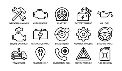 Fototapeta premium Vehicle warning and roadside service icons displayed on white