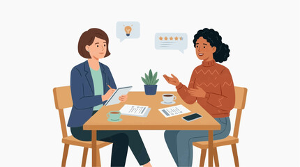 Obraz premium Two women having a business meeting discussing ideas and feedback at a table vector style