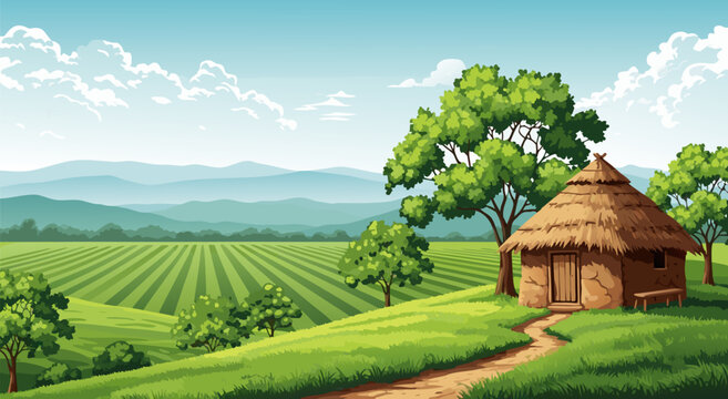 Vector illustration of a picturesque rural landscape with a thatched-roof hut and rolling green fields under a blue sky